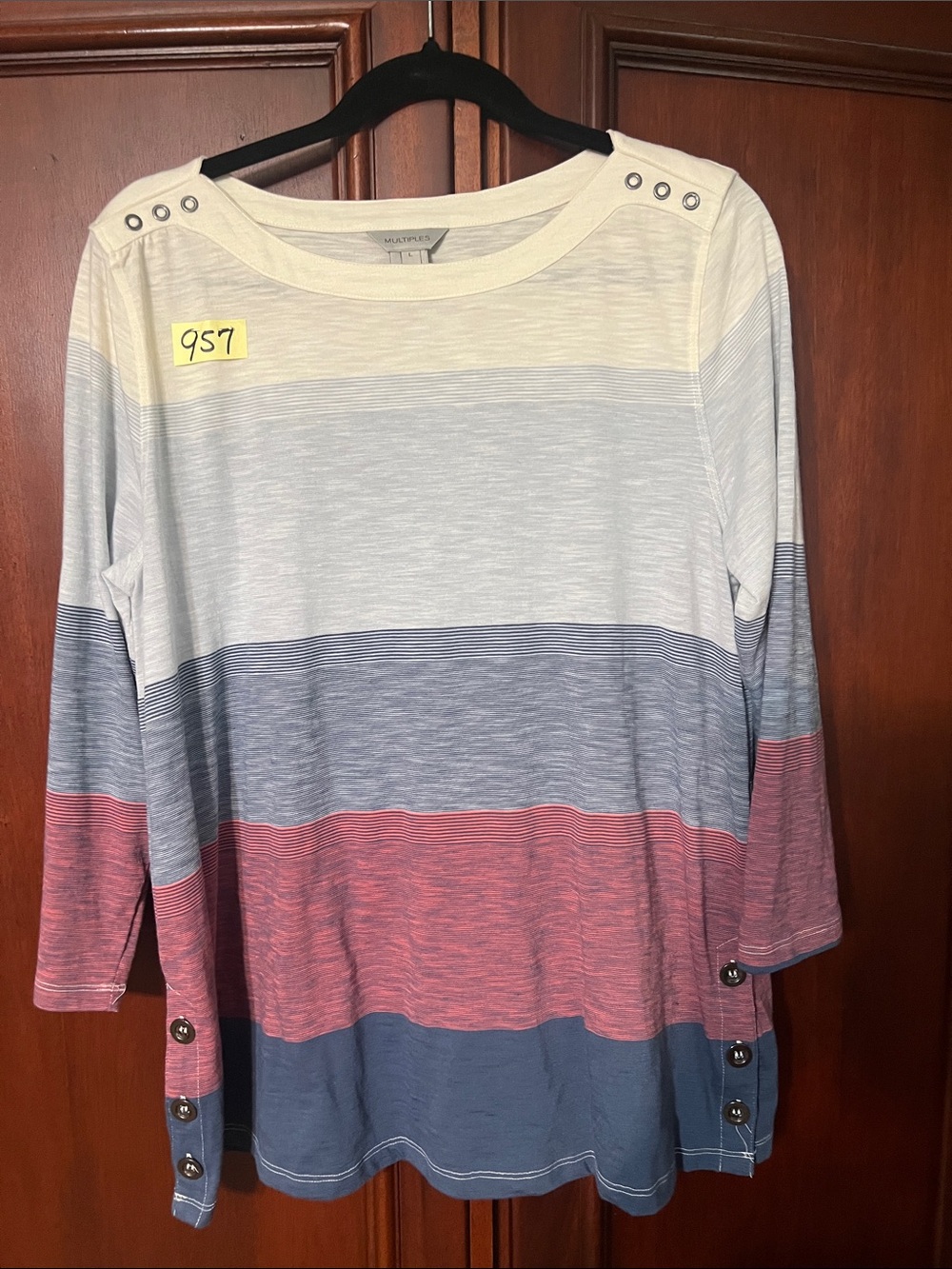 Multiples Striped Button-Accent Boatneck Top Size Large